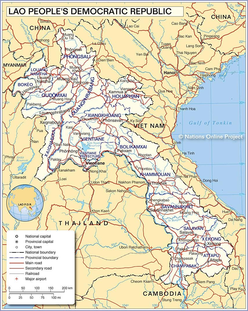 નકશો લાઓસ અને આસપાસના દેશોમાં